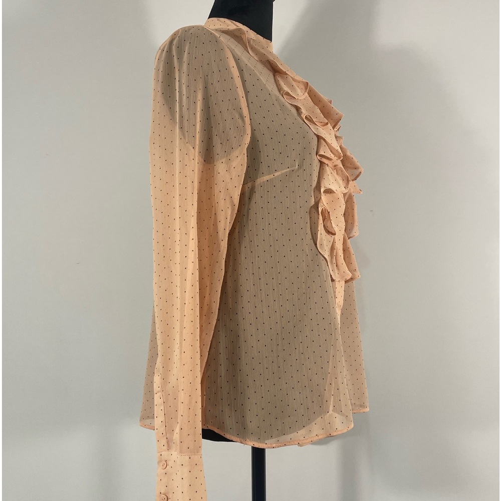 H & M Pink Polka Dot Ruffle top, Sheer, button up, Size Small - Picture 6 of 8